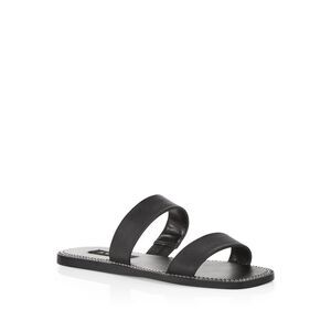 AQUA Womens Black Studded Glow Square Toe Slip On Leather Slide Sandals 9.5 M